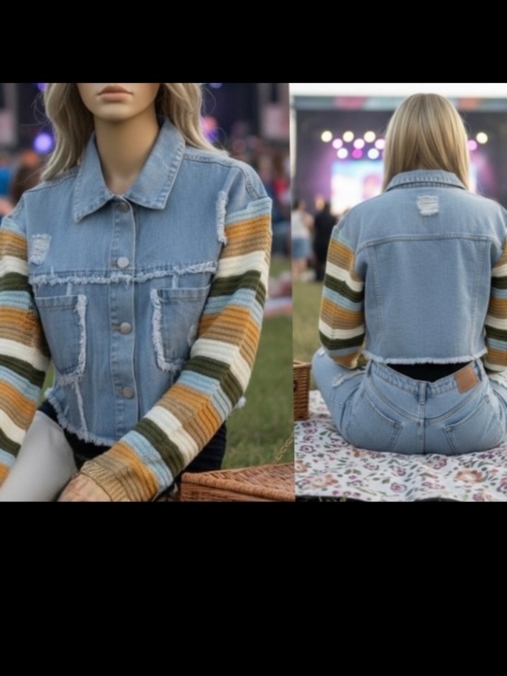 Toni Sinclaire Rainbow Knitted Sleeve Distressed Cropped Denim Jacket L SPRING